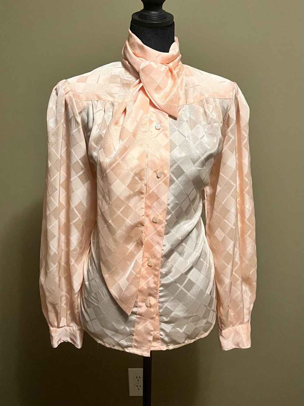 Vintage Peach Polyester Tie-Neck Blouse